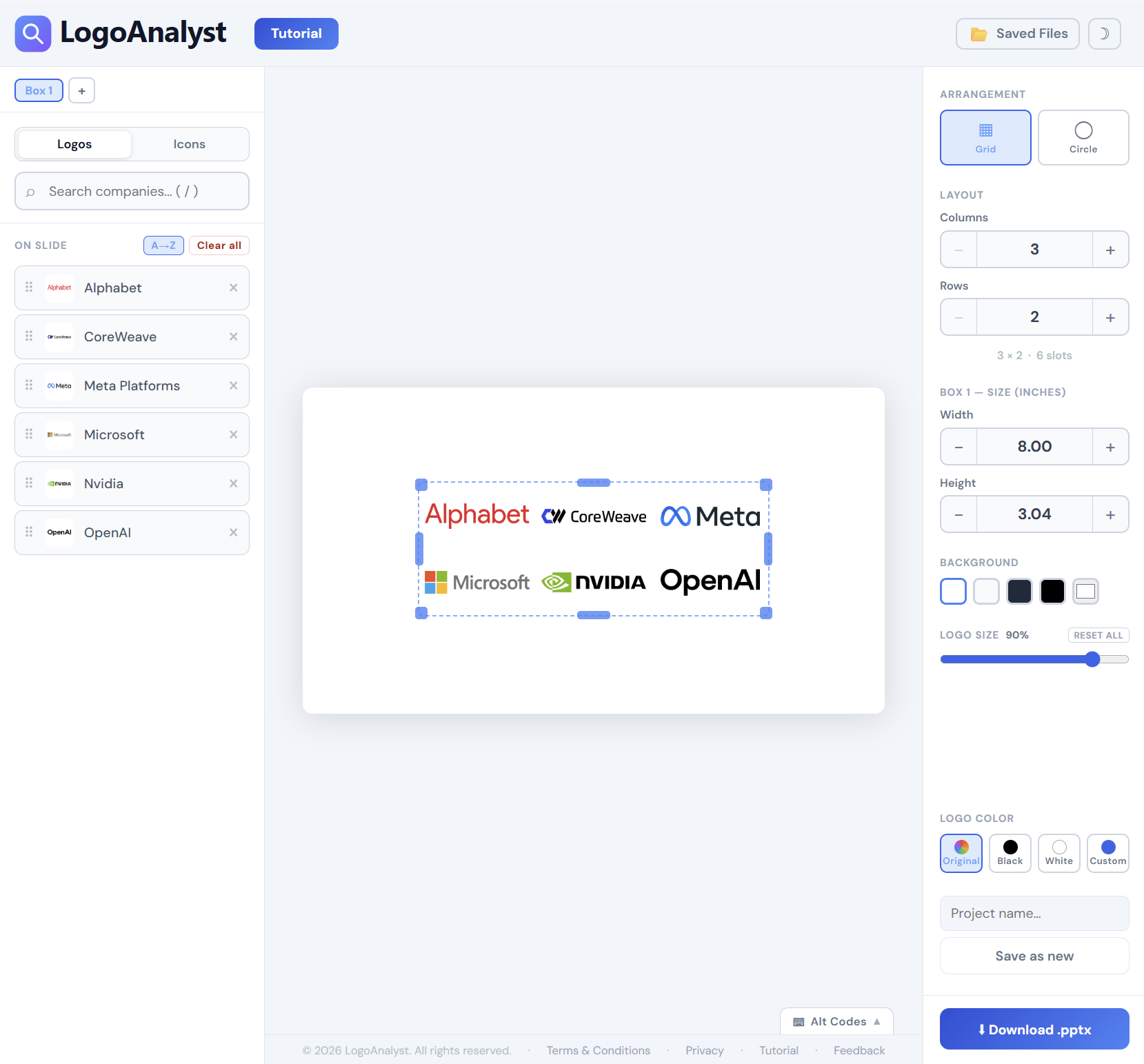 LogoAnalyst canvas showing Alphabet, CoreWeave, Meta, Microsoft, Nvidia, and OpenAI logos arranged in a clean grid, ready to export as a PowerPoint slide